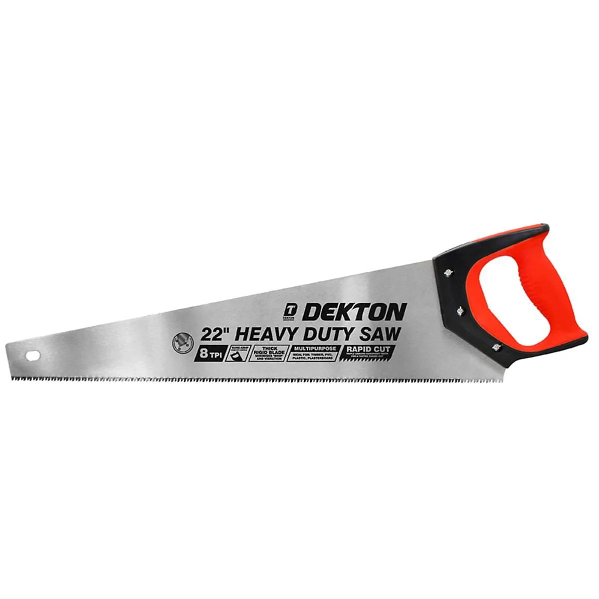 Dekton Heavy Duty Hand Saw Red and Black 22-Inch DT45624 | 8 TPI | Sure-Grip Comfort Handle | Thick Rigid Blade | Multipurpose | Rapid Cut
