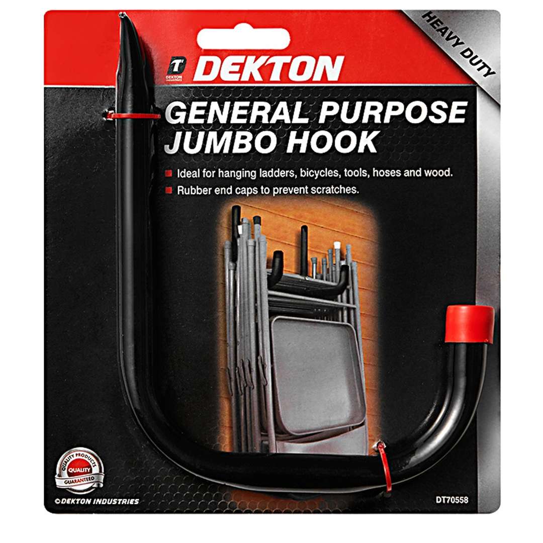 Dekton Heavy Duty General Purpose Jumbo Hook Black DT70558 | Rubber End Caps to Prevent Scratches | Ideal for Hanging Ladders Bycyles and Tools