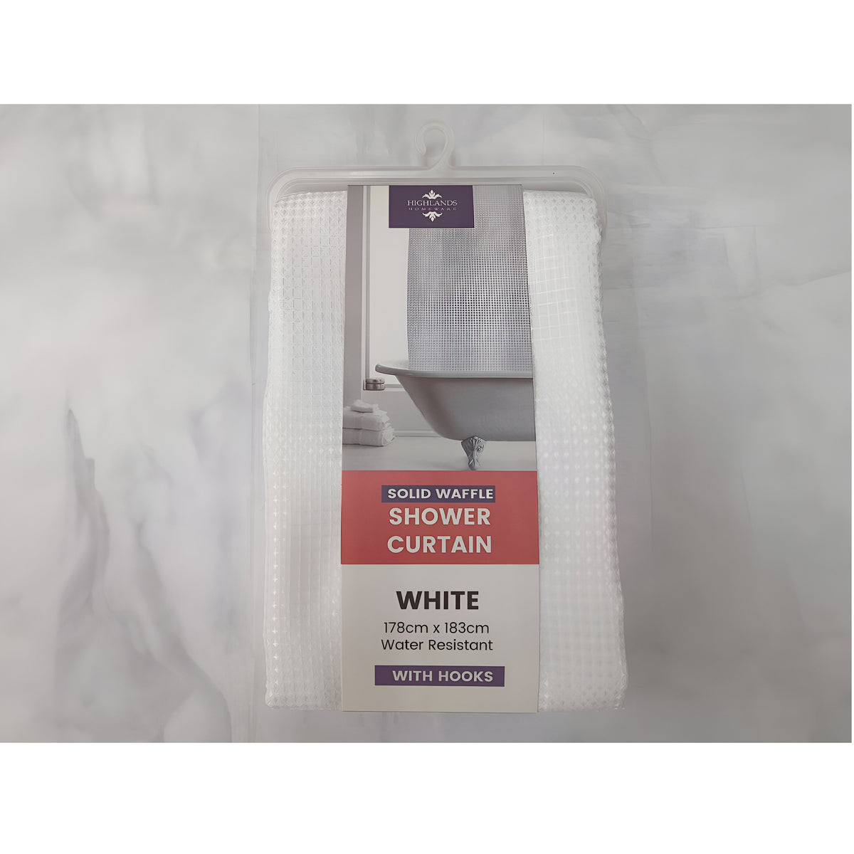 Highlands Homeware Solid Waffle Shower Curtain with Plastic Hooks White 178cm x 183cm CUR09 | Water Resistant