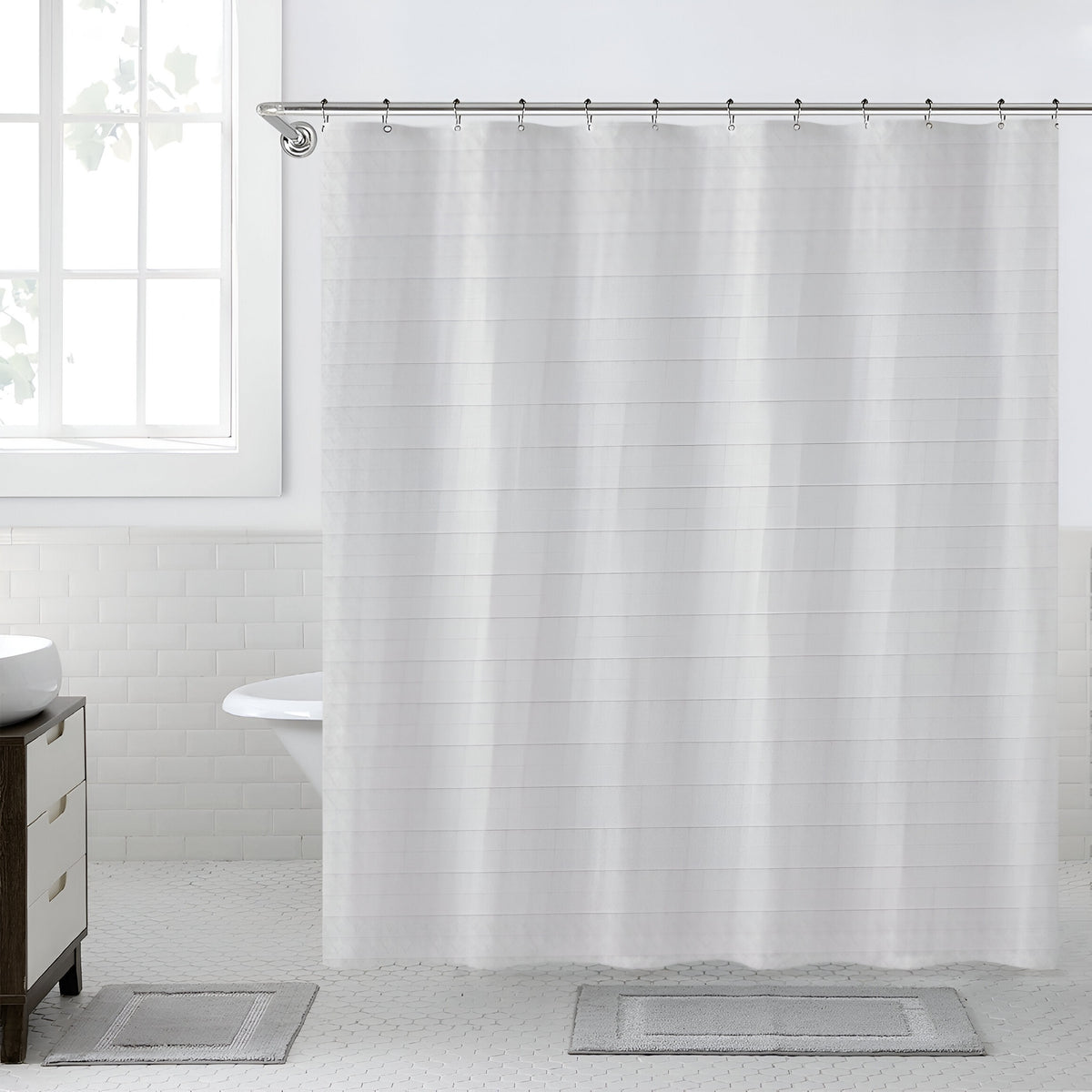 Highlands Homeware Solid Waffle Shower Curtain with Plastic Hooks White 178cm x 183cm CUR09 | Water Resistant