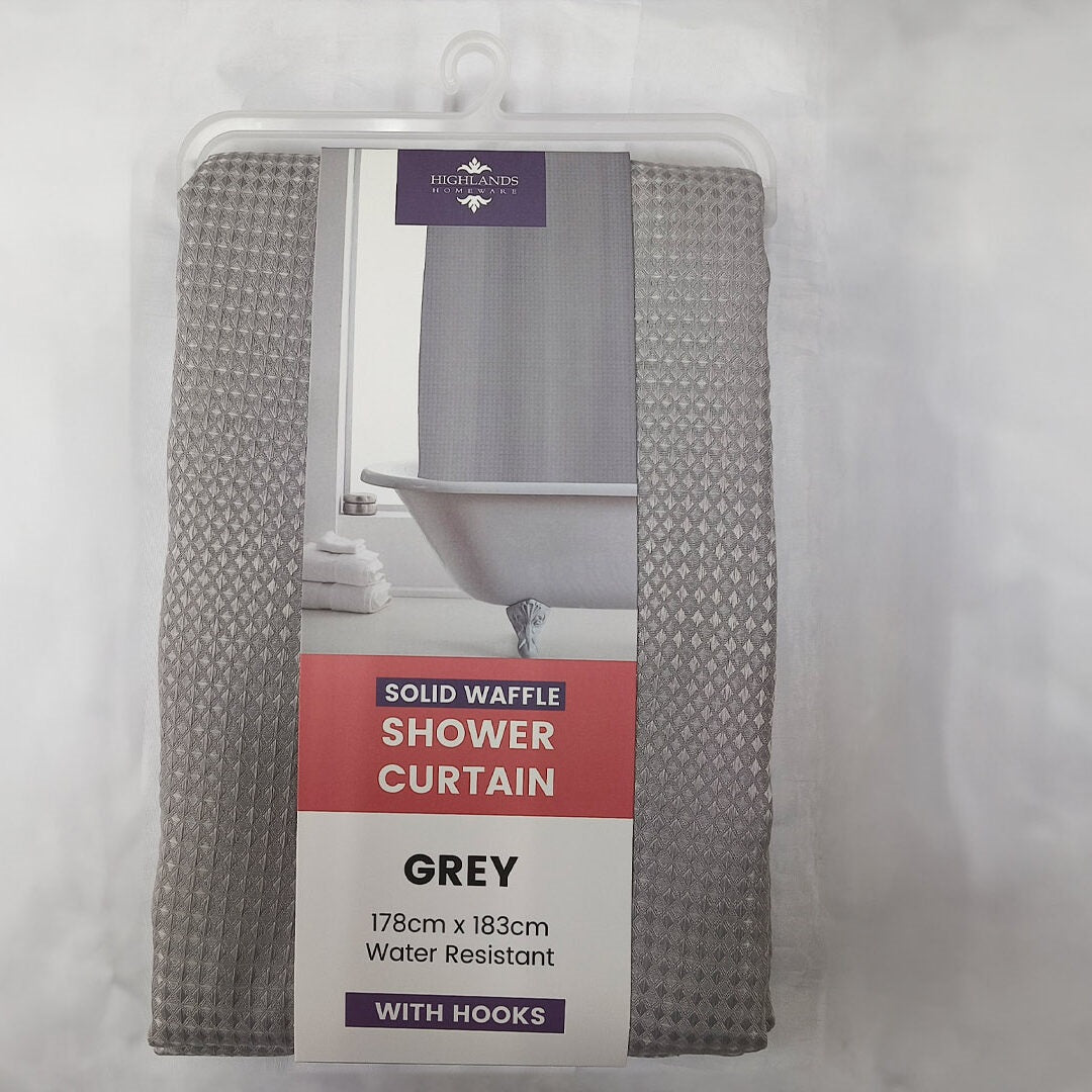 Highlands Homeware Solid Waffle Shower Curtain with Plastic Hooks Grey 178cm x 183cm CUR08 | Water Resistant