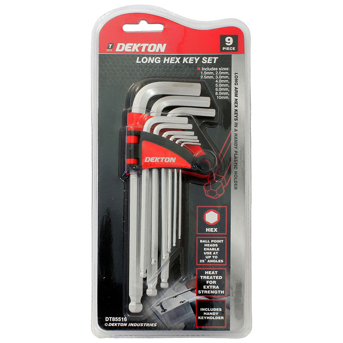 Dekton Long Hex Key Set Silver Pack of 9 DT85516 | Ball Point Heads Enable Use at Upto 25 Degree Angles | Heat Treated for Extra Strength