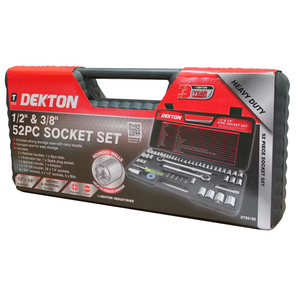 Dekton Heavy Duty Socket Set Assorted 52-Piece DT85180 | Includes Strong Storage Case with Carry Handle | Compact Size for Easy Storage