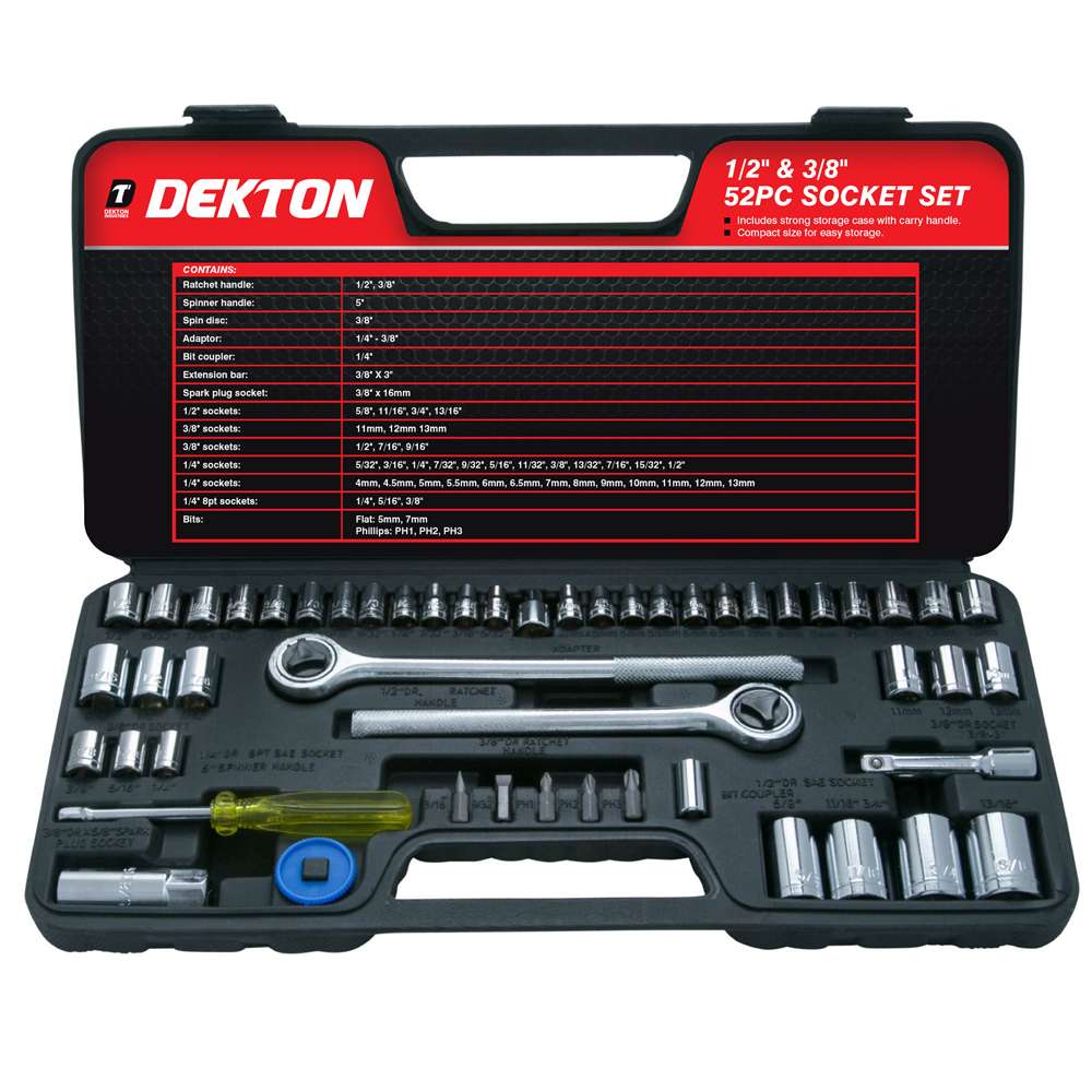 Dekton Heavy Duty Socket Set Assorted 52-Piece DT85180 | Includes Strong Storage Case with Carry Handle | Compact Size for Easy Storage