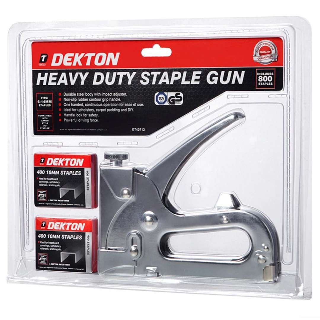Dekton Heavy Duty Staple Gun Chrome DT40713 | Fits 6-14mm Staples | Includes 800 Staples | Durable Steel Body with Impact Adjuster | Non Slip Rubber Contour Grip Handle | Handle Lock for Safety | Powerful Driving Force