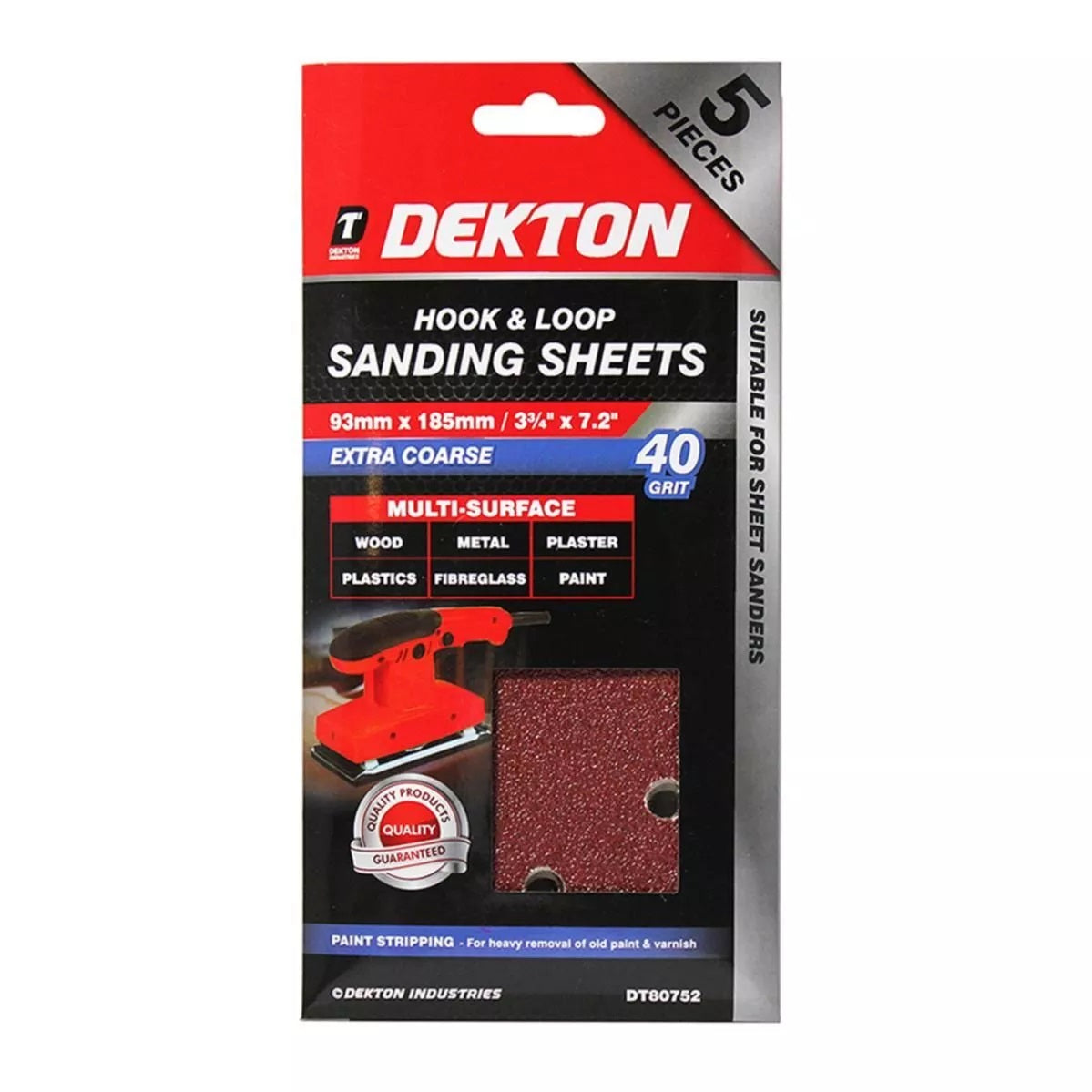 Dekton Hook and Loop 40 Grit Sanding Sheets Red Oxide 185mm Pack of 5 DT80752 | Suitable for Sheet Sanders