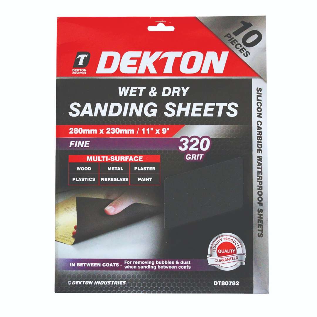 Dekton Wet and Dry 320 Grit Sanding Sheets Black 280mm x 230mm Pack of 10 DT80782 | Silicon Carbide Waterproof Sheets