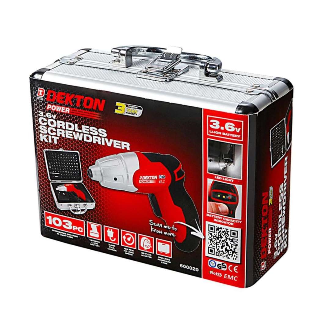 Dekton Power 3.6V Cordless Screwdriver with Aluminium Storage Box Red and Black 103-Piece DT600020 | LED Light | Battery Capacity Indicator