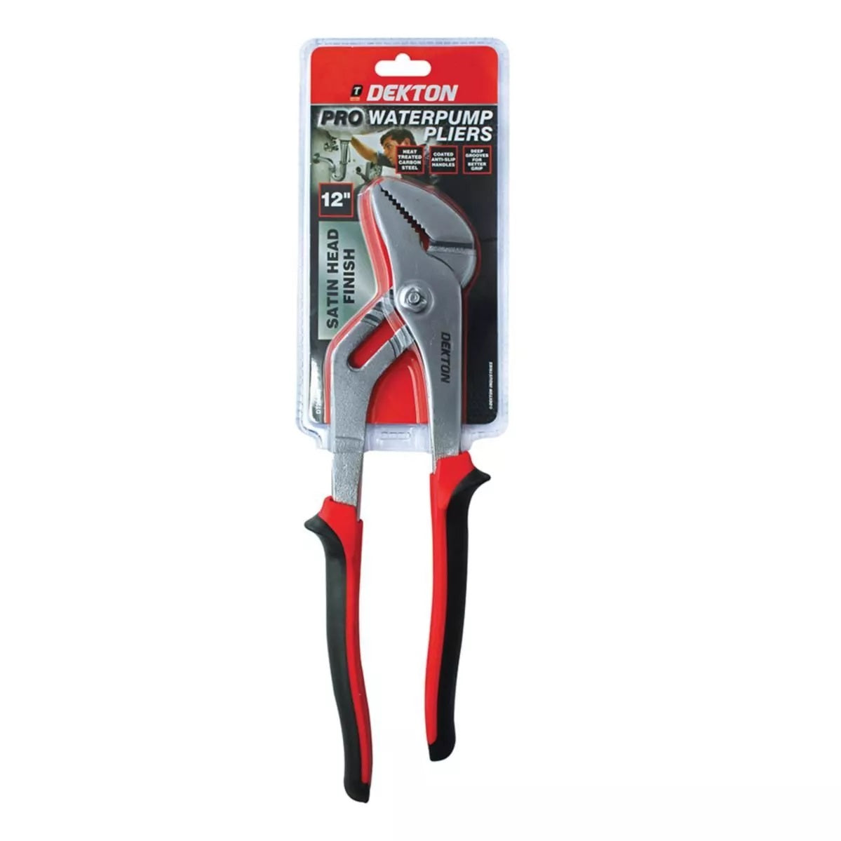 Dekton Pro Waterpump Plier Red and Black 12-Inch DT20428 | Satin Head Finish | Heat Treated Carbon Steel | Coated Anti Slip Handles