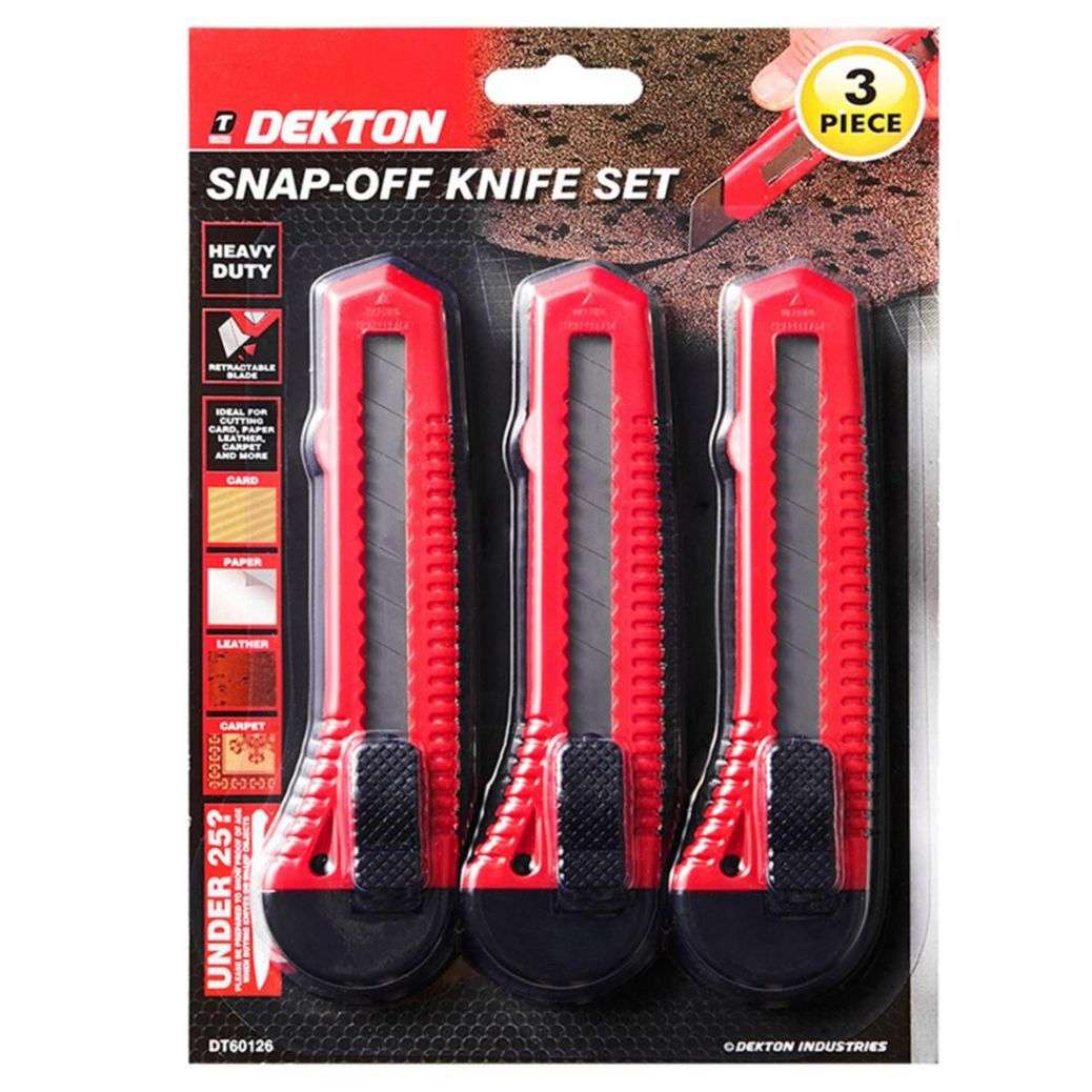 Dekton Snap Off Knife Set Red Pack of 3 DT60126 | Heavy Duty | Retractable Blade
