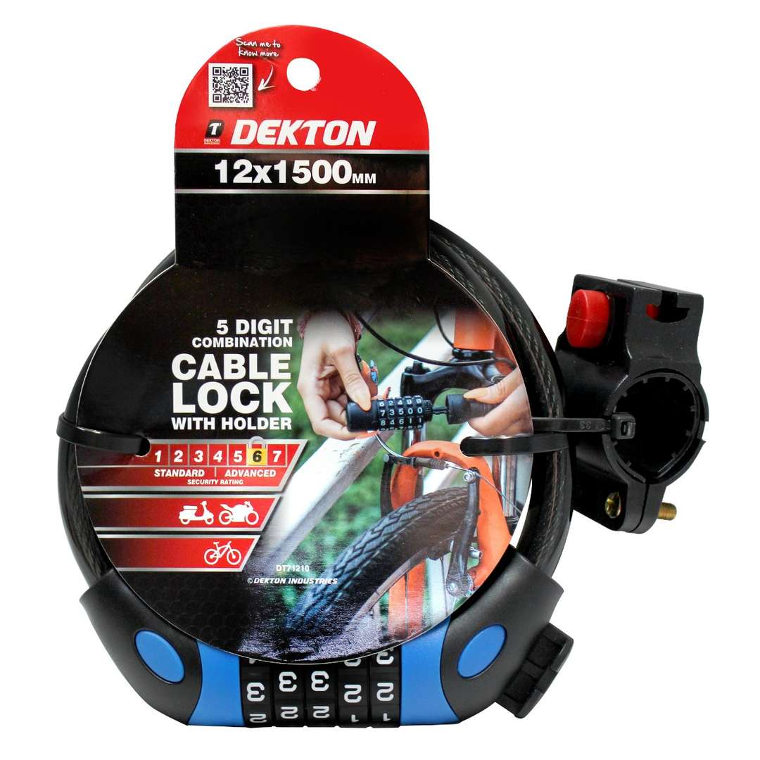 Dekton 5 Digit Combination Cable Lock with Holder Black and Blue 12mm x 1500mm DT71210
