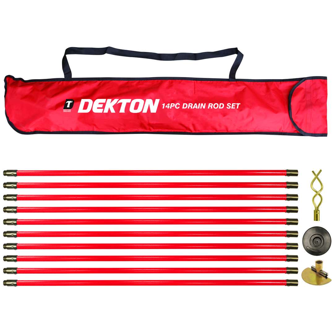 Dekton Drain Rod Set Red Pack of 14 DT30311 | Includes Bonus Drop Scraper and Storage Bag
