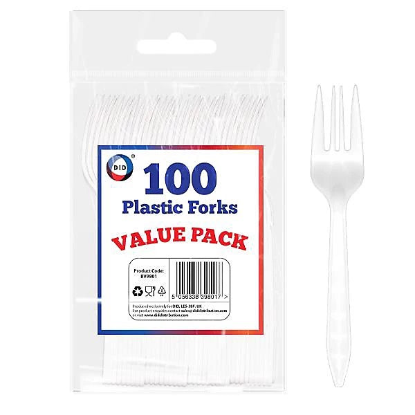 DID Plastic Reusable Forks White Pack of 100 BV9801 | Ideal for Parties | Washable