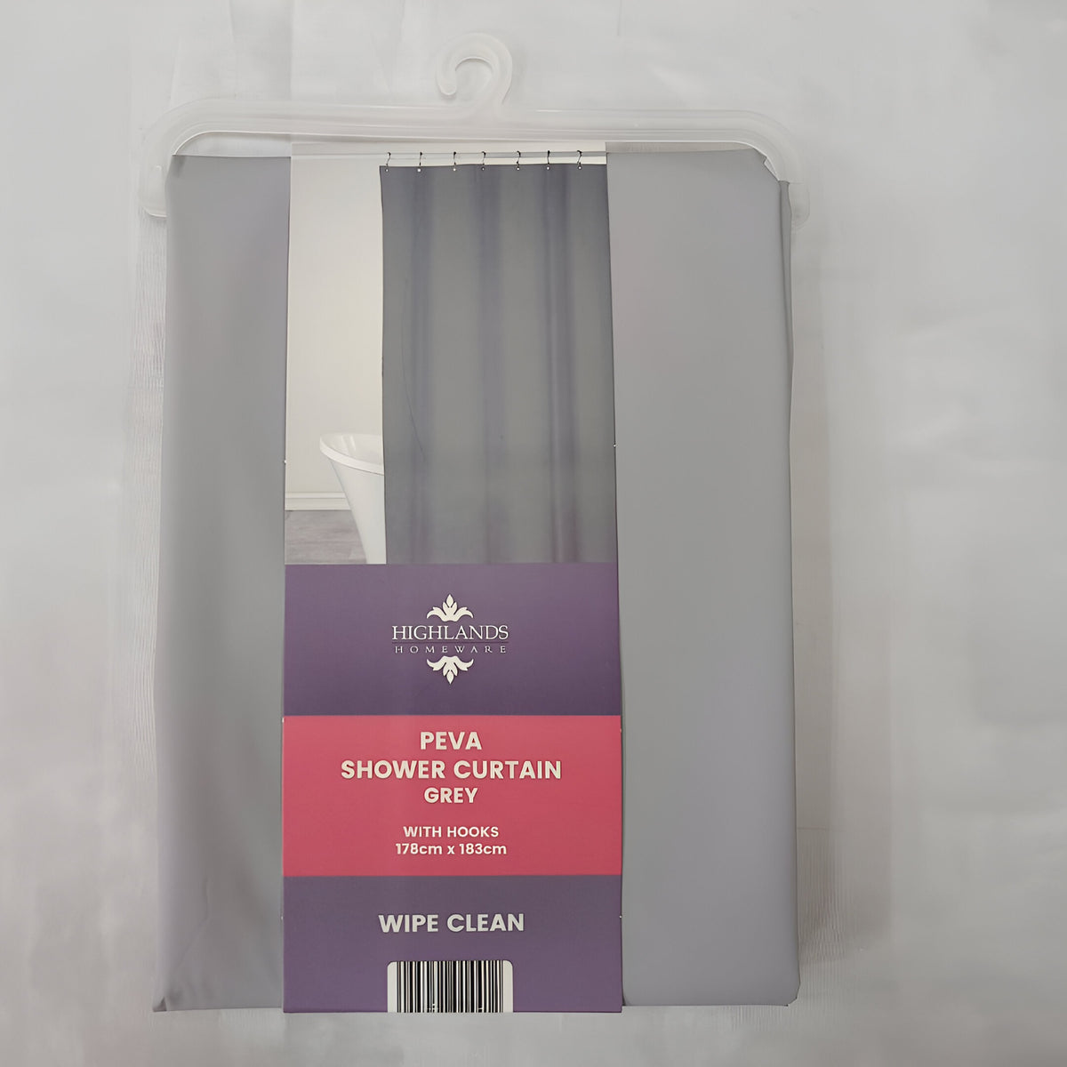 Highlands Homeware PEVA Shower Curtain with Hooks Grey W178cm x L183cm CUR16 | 6 Gauge | 100 Percent Polyethylene Vinyl Acetate | Wipe Clean