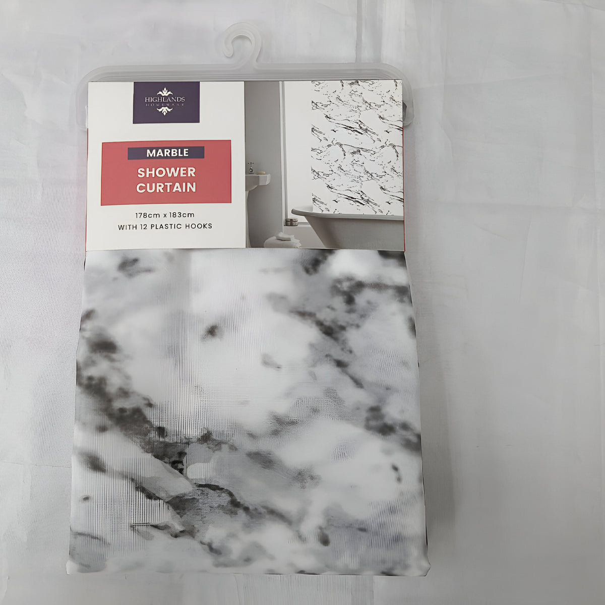 Highlands Homeware PEVA Shower Curtain with Hooks Marble W178cm x L183cm CUR12 | 6 Gauge | 100 Percent Polyethylene Vinyl Acetate | Wipe Clean
