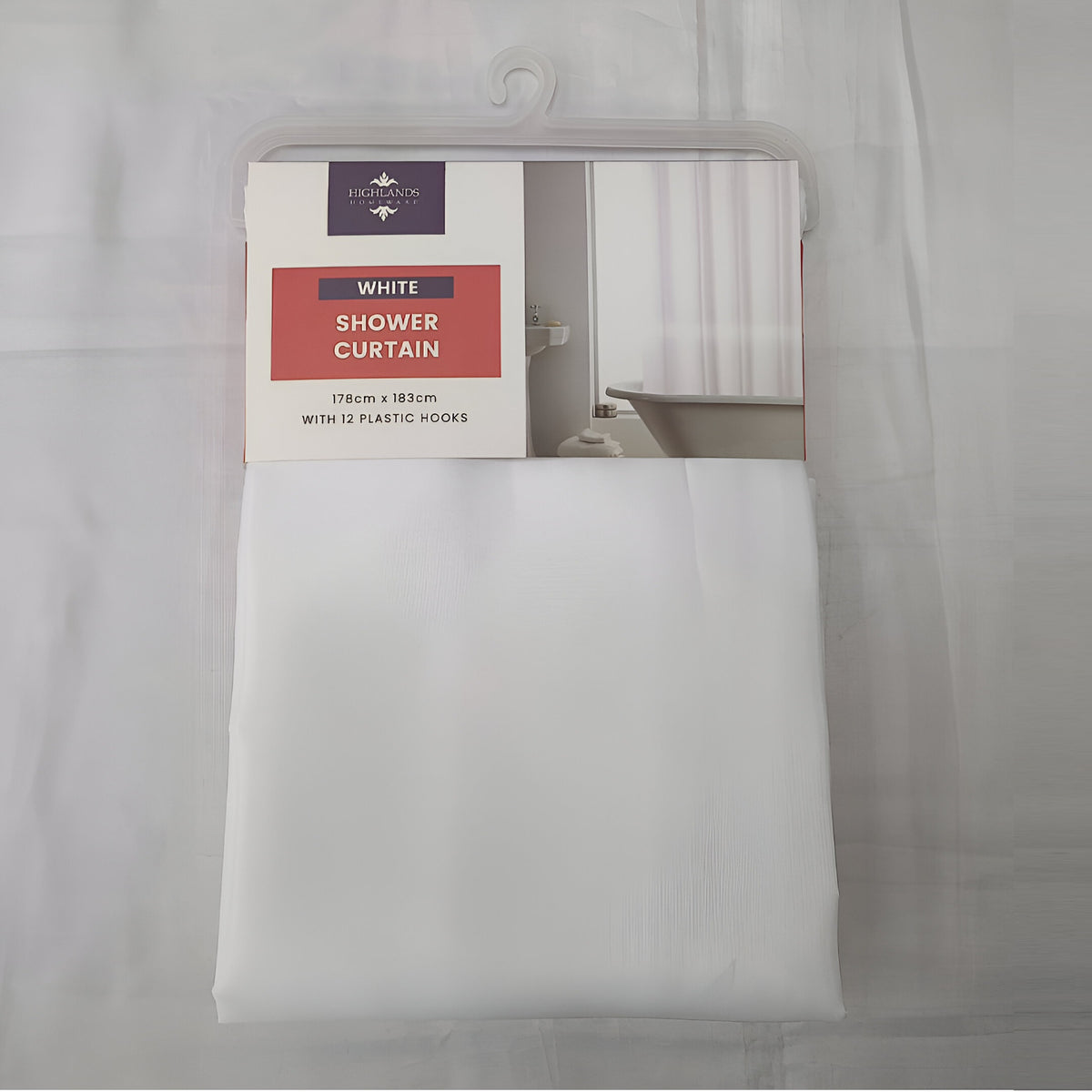 Highlands Homeware PEVA Shower Curtain with Hooks White W178cm x L183cm CUR15 | 6 Gauge | 100 Percent Polyethylene Vinyl Acetate | Wipe Clean