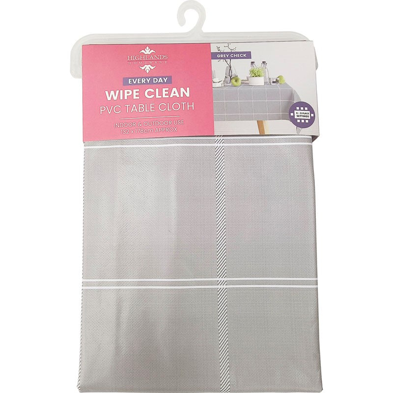 Highlands Homeware Wipe Clean PVC Table Cloth Check Grey 132cm x 178cm WTC06 | Indoor and Outdoor Use | 6 -8 Place Settings
