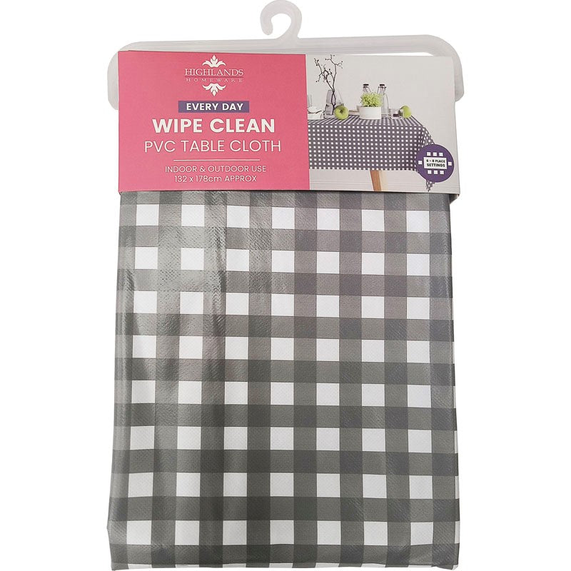 Highlands Homeware Wipe Clean PVC Table Cloth Gingham Grey 132cm x 178cm WTC22 | Indoor and Outdoor Use | 6 -8 Place Settings