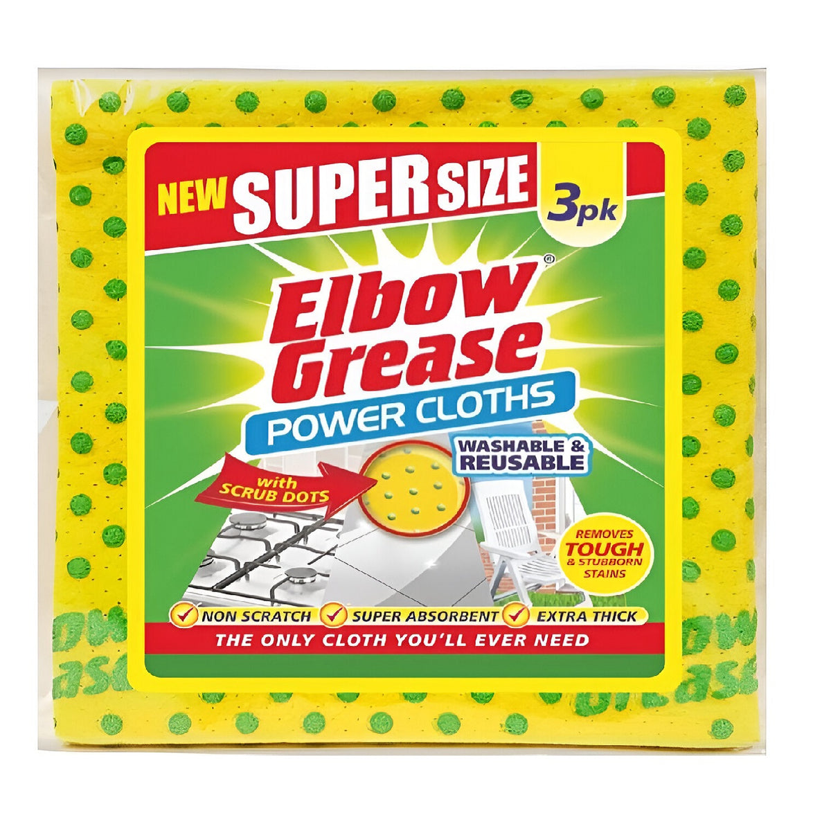 151 Elbow Grease Power Cloths With Scrub Dots Yellow 36cm x 35cm Pack of 3 EG32 | Washable and Reusable | Non Scratch | Super Absorbent | Extra Thick | Removes Tough and Stubborn Stains