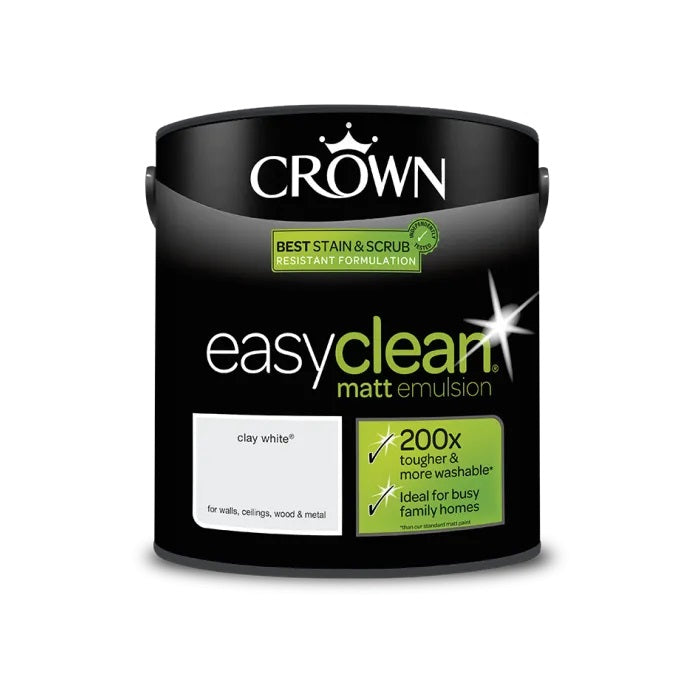 Crown Easy Clean Matt Emulsion Clay White 2.5Ltr 5093479 | 200x Tougher and More Washable | Best Stain and Scrub Resistant Formulation | For Walls-Ceilings-Wood and Metal | Ideal for Busy Family Homes