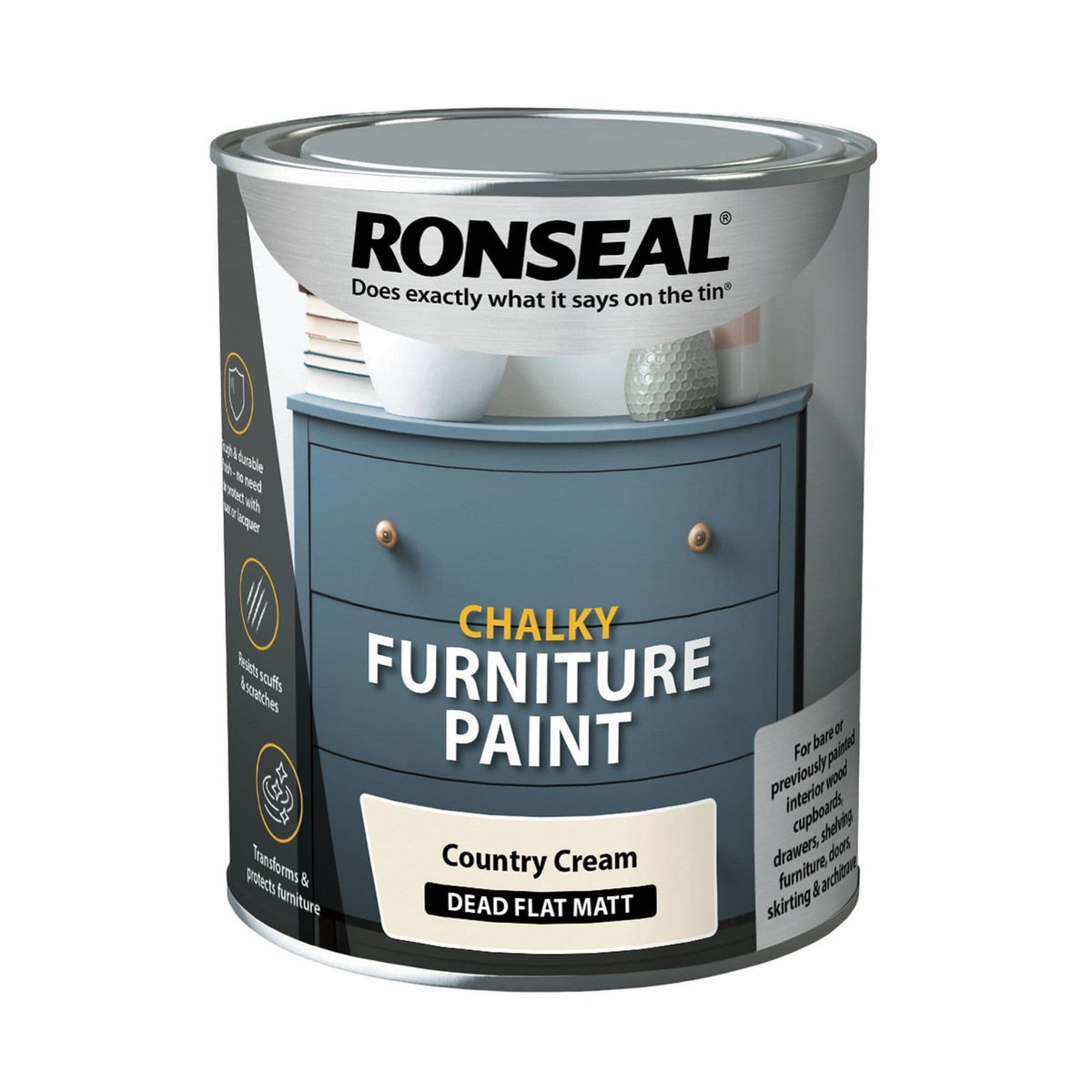 Ronseal Chalky Furniture Paint Dead Flat Matt Country Cream 750ml 37483 | Tough and Durable Finish | No Need to Protect with Wax or Lacquer | Resists Scuffs and Scratches | Transforms and Protects Furniture | For Bare or Previously Painted Interior Wood Cupboards | Drawers | Shelving | Furniture | Doors | Skirting and Architrave
