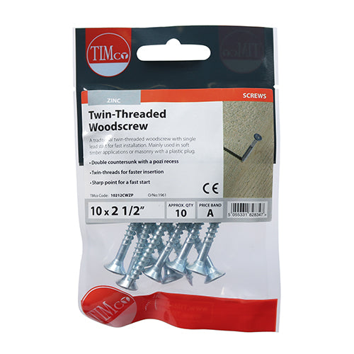 Timco Twin Threaded PZ Double Countersunk Zinc Plated Carbon Steel Woodscrews Silver 5mm x 60mm Pack of 10 10212CWZP