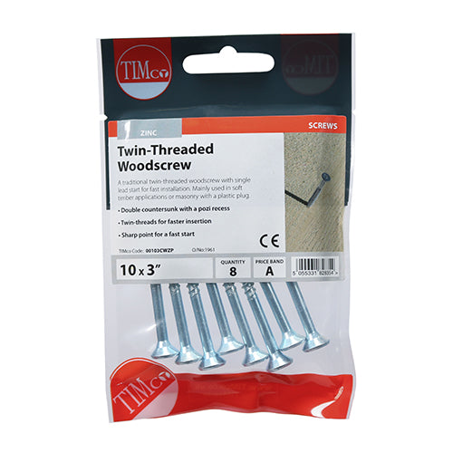 Timco Twin Threaded PZ Double Countersunk Zinc Plated Carbon Steel Woodscrews Silver 5mm x 80mm Pack of 8 00103CWZP