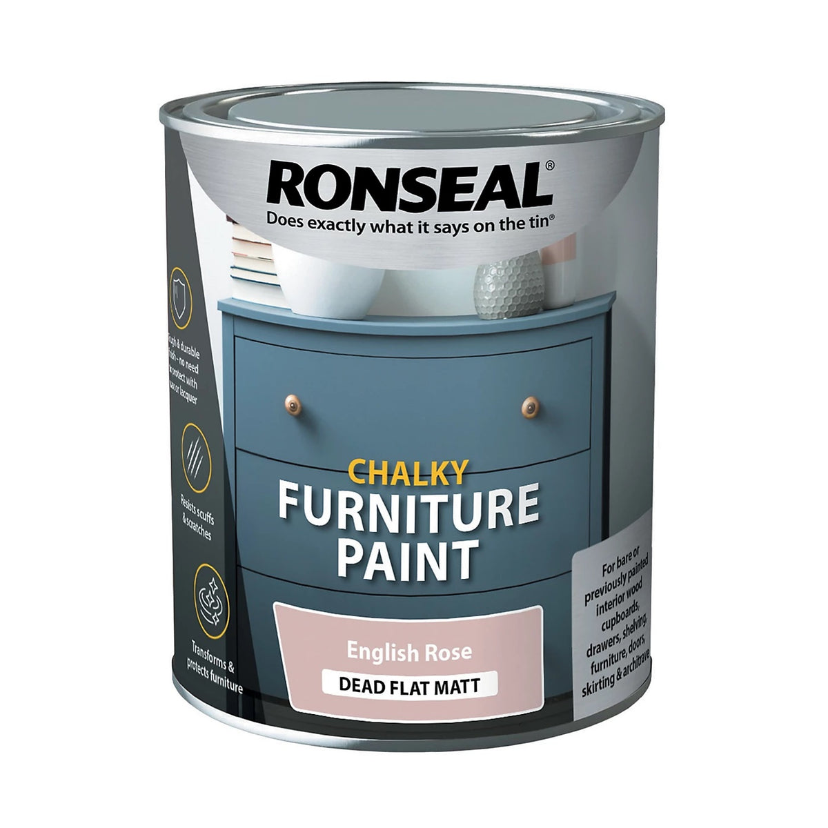 Ronseal Chalky Furniture Paint Dead Flat Matt English Rose 750ml 37484 | Tough and Durable Finish | No Need to Protect with Wax or Lacquer | Resists Scuffs and Scratches | Transforms and Protects Furniture | For Bare or Previously Painted Interior Wood Cupboards | Drawers | Shelving | Furniture | Doors | Skirting and Architrave