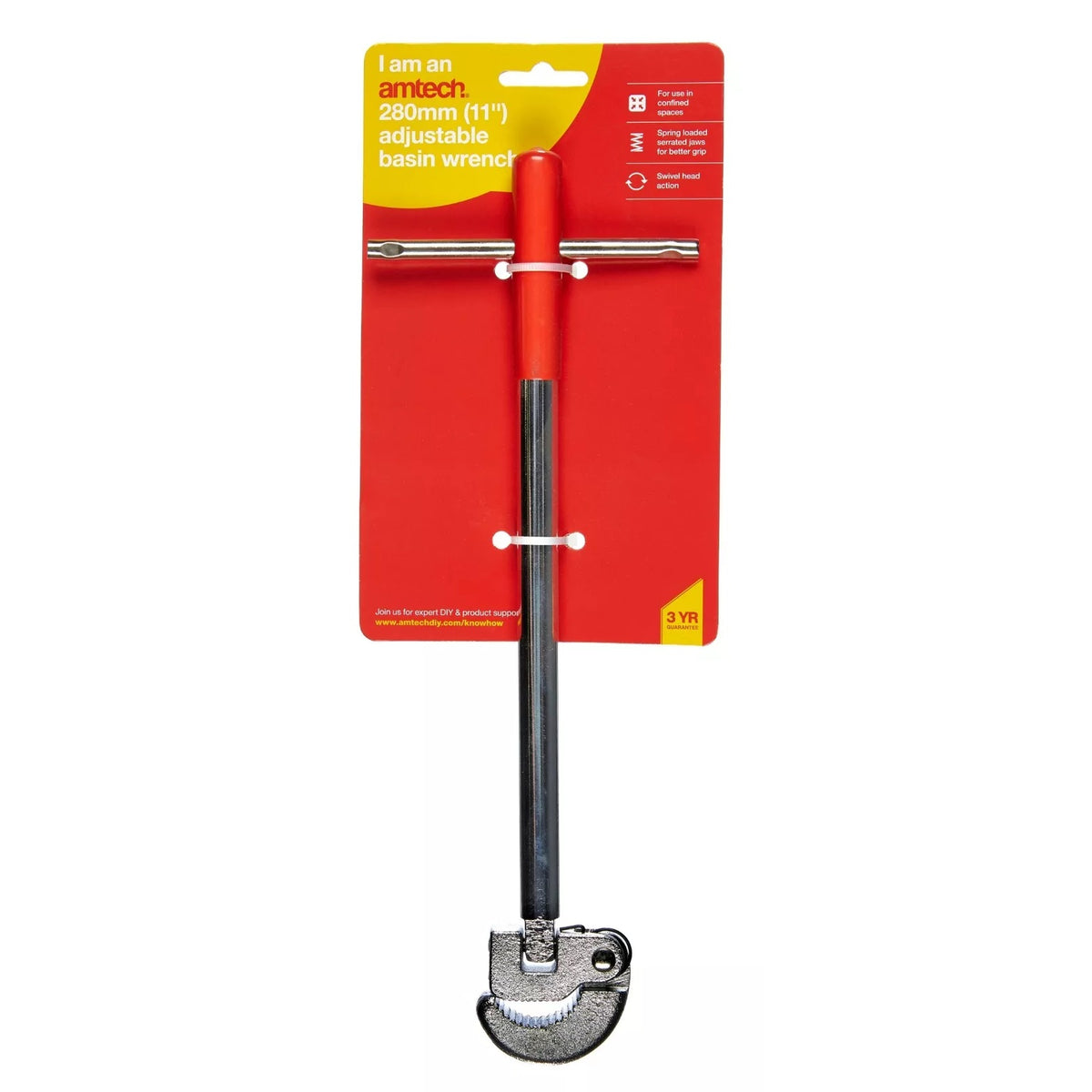 Amtech Adjustable Basin Wrench Red and Silver 11-Inch C2500 | Spring Loaded Serrated Jaws for Better Grip | Swivel Head Action