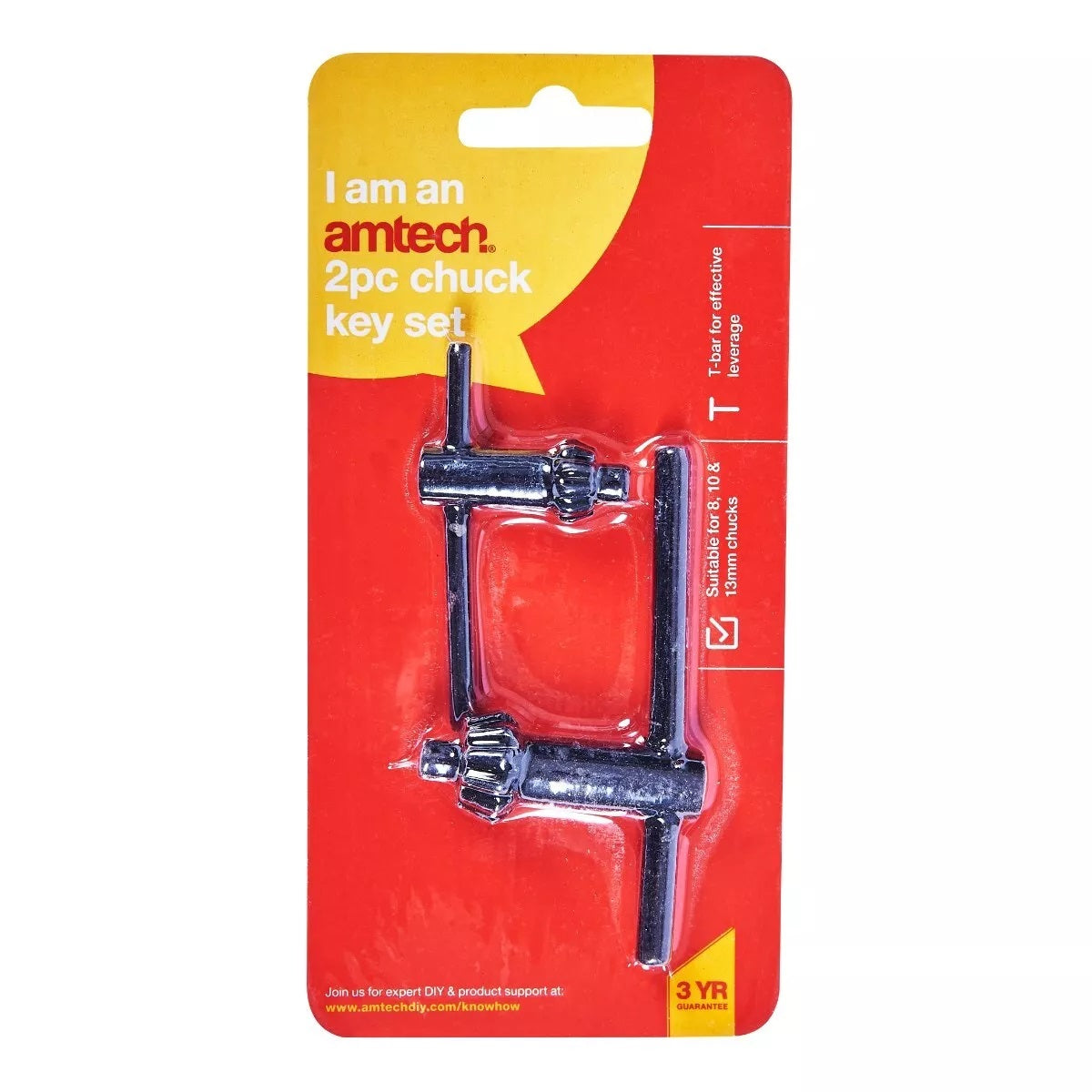 Amtech Professional Replacement Chuck Keys Set Black Pack of 2 F0600 | T Bar for Effective Leverage | Suitable for 8 10 and 13mm Chucks