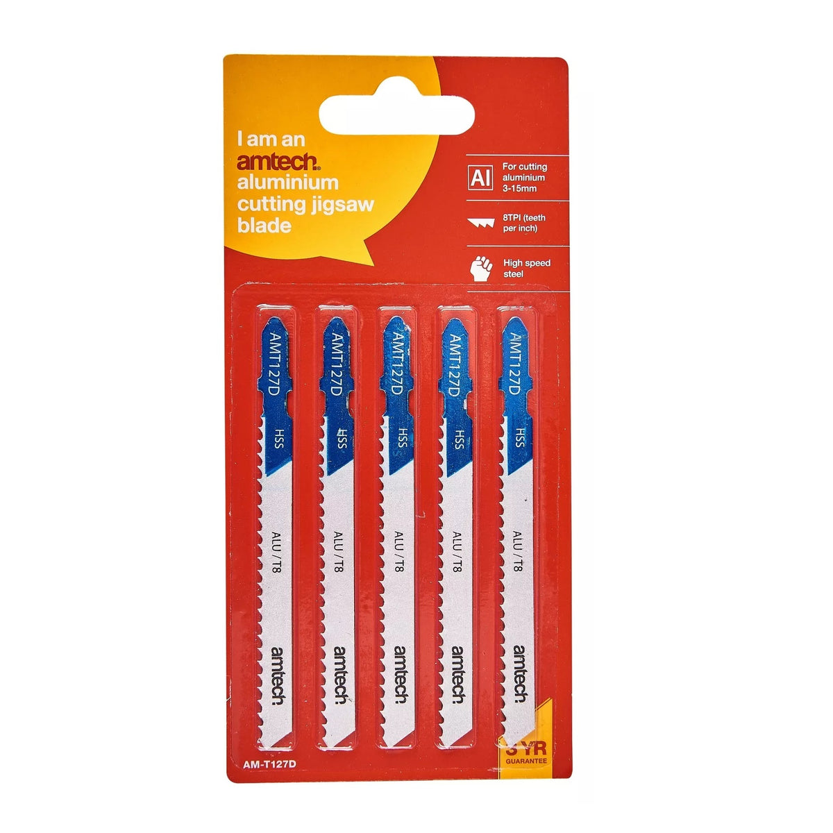 Amtech Aluminium Jigsaw Blade Set Silver 100mm Pack of 5 AMT127D | T-Shank Fitting | High Speed Steel | 8 TPI