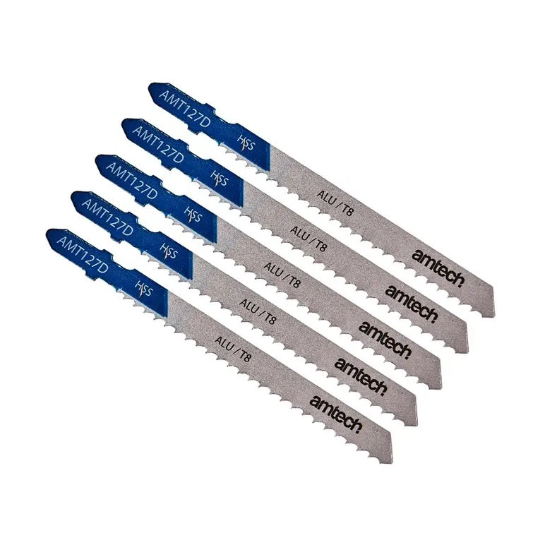 Amtech Aluminium Jigsaw Blade Set Silver 100mm Pack of 5 AMT127D | T-Shank Fitting | High Speed Steel | 8 TPI