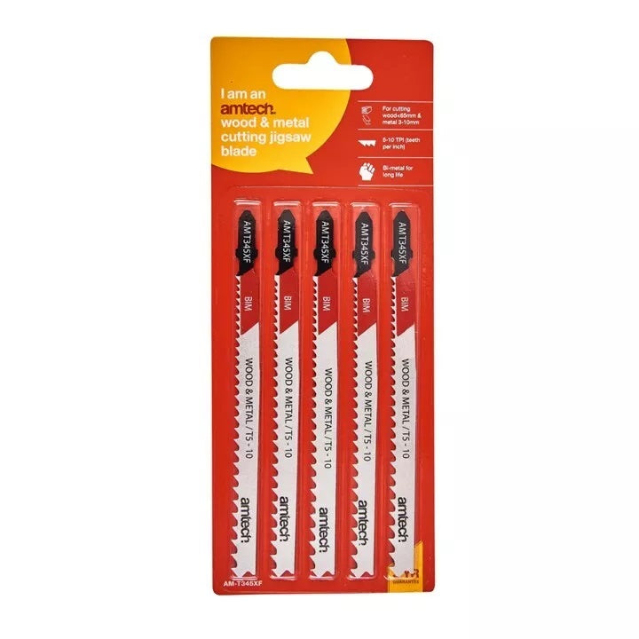 Amtech Wood and Metal Jigsaw Blade Set Silver 132mm Pack of 5 AMT345XF | T-Shank Fitting | Bi-Metal | 5-10 TPI