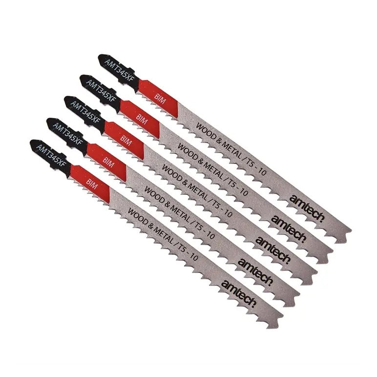 Amtech Wood and Metal Jigsaw Blade Set Silver 132mm Pack of 5 AMT345XF | T-Shank Fitting | Bi-Metal | 5-10 TPI