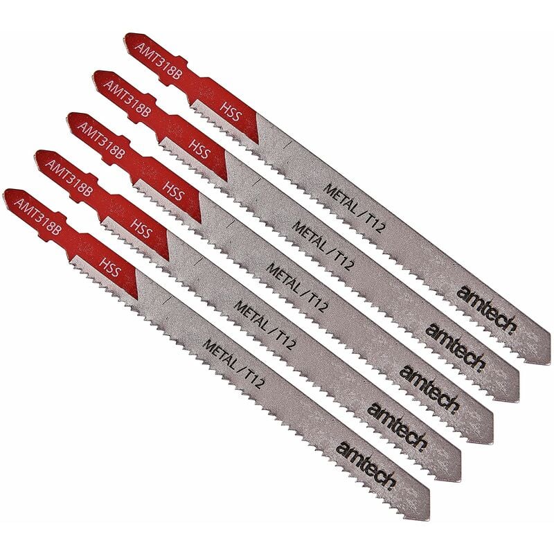 Amtech Metal Jigsaw Blade Set Silver 132mm Pack of 5 AMT318B | T-Shank Fitting | High Speed Steel | 12 TPI
