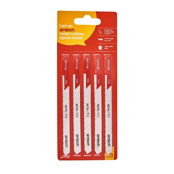 Amtech Metal Jigsaw Blade Set Silver 132mm Pack of 5 AMT318B | T-Shank Fitting | High Speed Steel | 12 TPI