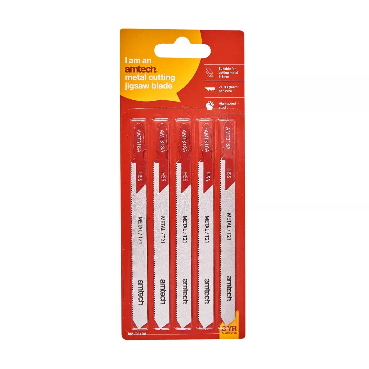Amtech Metal Jigsaw Blade Set Silver 132mm Pack of 5 AMT318A | T-Shank Fitting | High Speed Steel | 21 TPI