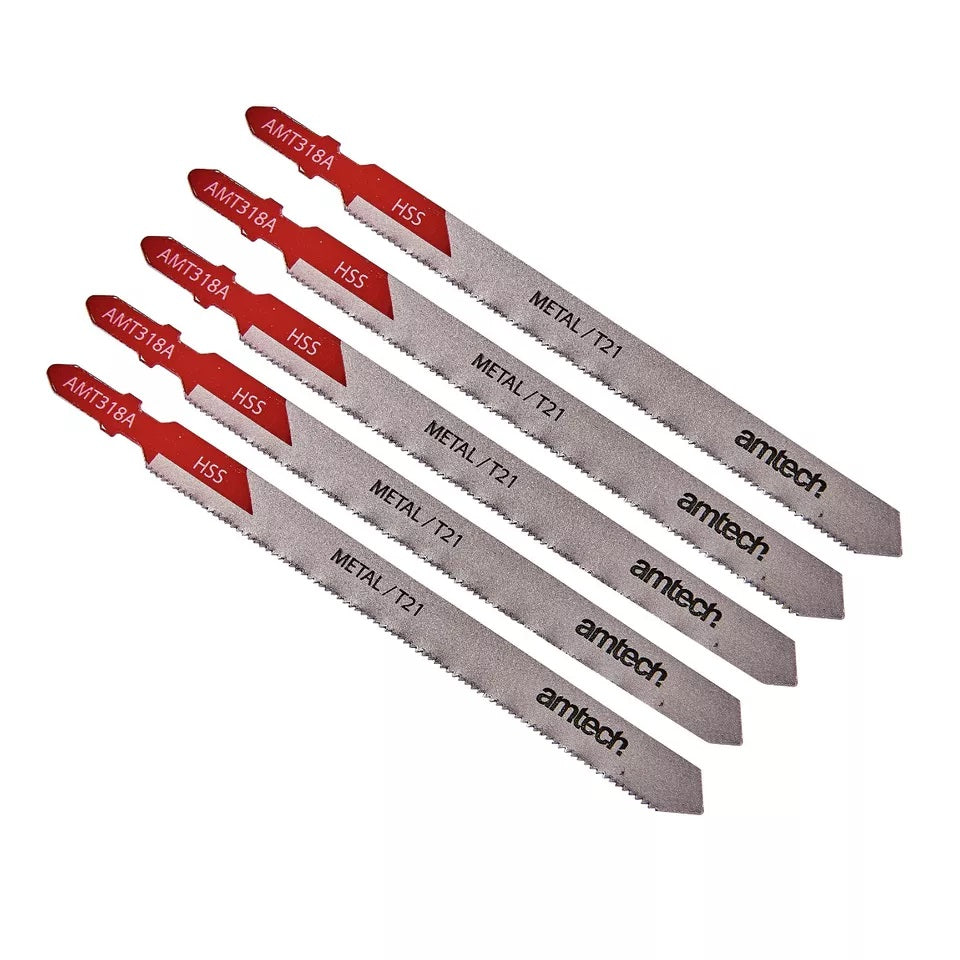 Amtech Metal Jigsaw Blade Set Silver 132mm Pack of 5 AMT318A | T-Shank Fitting | High Speed Steel | 21 TPI