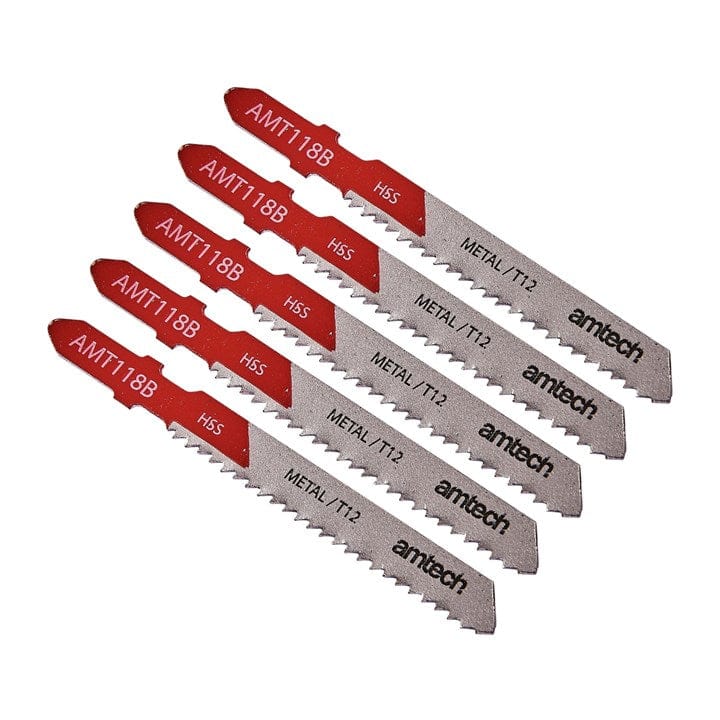 Amtech Metal Jigsaw Blade Set Silver 76mm Pack of 5 AMT118B | T-Shank Fitting | High Speed Steel | 12 TPI