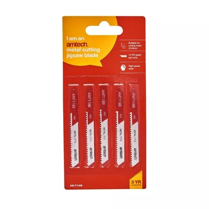 Amtech Metal Jigsaw Blade Set Silver 76mm Pack of 5 AMT118B | T-Shank Fitting | High Speed Steel | 12 TPI