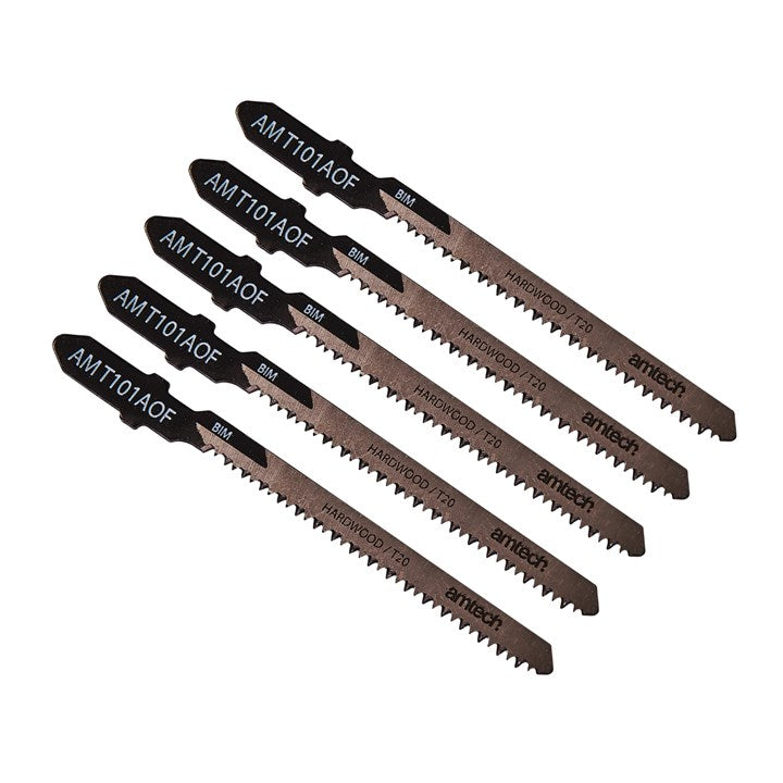 Amtech Wood Jigsaw Blade Set Silver 81mm Pack of 5 AMT101AOF | T-Shank Fitting | Bi-Metal | 20 TPI