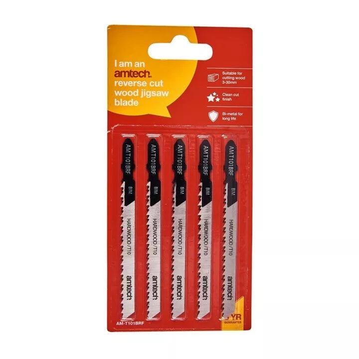 Amtech Reverse Cut Wood Jigsaw Blade Set Silver 100mm Pack of 5 AMT101BRF | T-Shank Fitting | Bi-Metal | 10 TPI