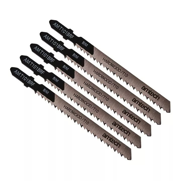 Amtech Reverse Cut Wood Jigsaw Blade Set Silver 100mm Pack of 5 AMT101BRF | T-Shank Fitting | Bi-Metal | 10 TPI