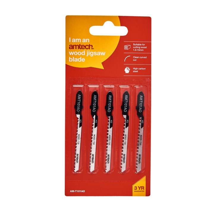 Amtech Wood Jigsaw Blade Set Silver 76mm Pack of 5 AMT101AO | T-Shank Fitting | High Speed Steel | 18 TPI