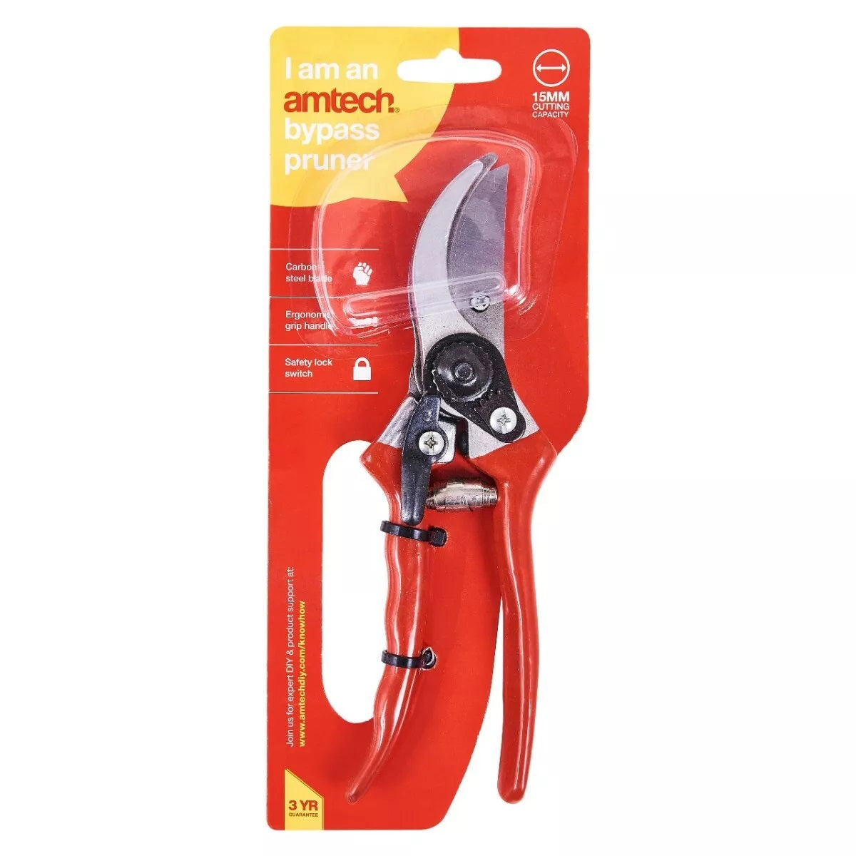 Amtech Heavy Duty Bypass Pruner Red and Silver U0300 | Carbon Steel Blade | Ergonomic Grip Handle | Safety Lock Switch