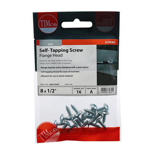 Timco Flange Head Self Tapping Zinc Plated Carbon Steel Screws Silver 4.2mm x 13mm Pack of 16 00812CFAZP