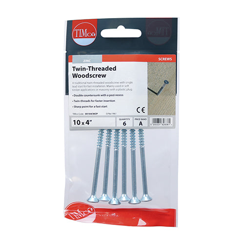 Timco Twin Threaded PZ Double Countersunk Zinc Plated Carbon Steel Woodscrews Silver 5mm x 100mm Pack of 6 00104CWZP