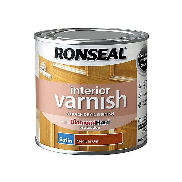 Ronseal Quick Dry Interior Varnish Satin Finish Paint Medium Oak 250ml 36284 | With Diamond Hard Protection | Dries in 20-Minutes