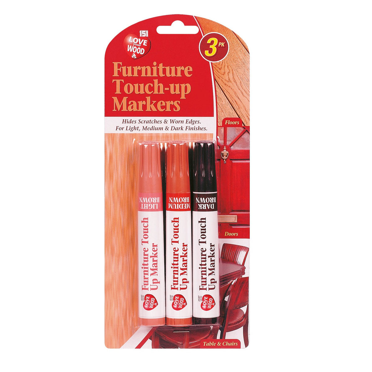 151 Love Your Wood Furniture Touch - Up Markers Brown Pack of 3 1511112 | Hides Scratches and Worn Edges | For Light - Medium and Dark Finishes
