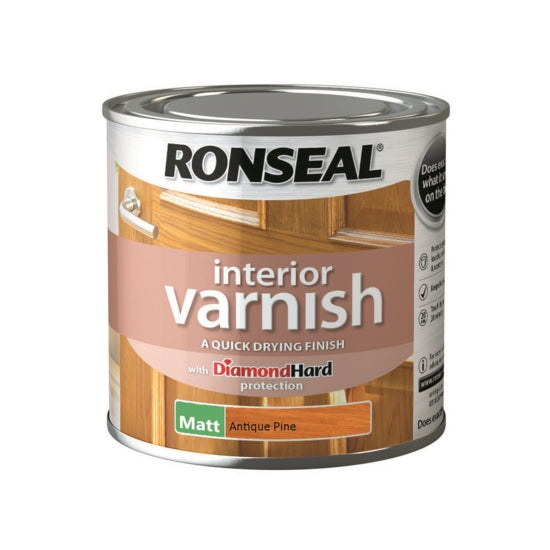 Ronseal Quick Dry Interior Varnish Matt Finish Paint Antique Pine 250ml 36856 | With Diamond Hard Protection | Dries in 20-Minutes